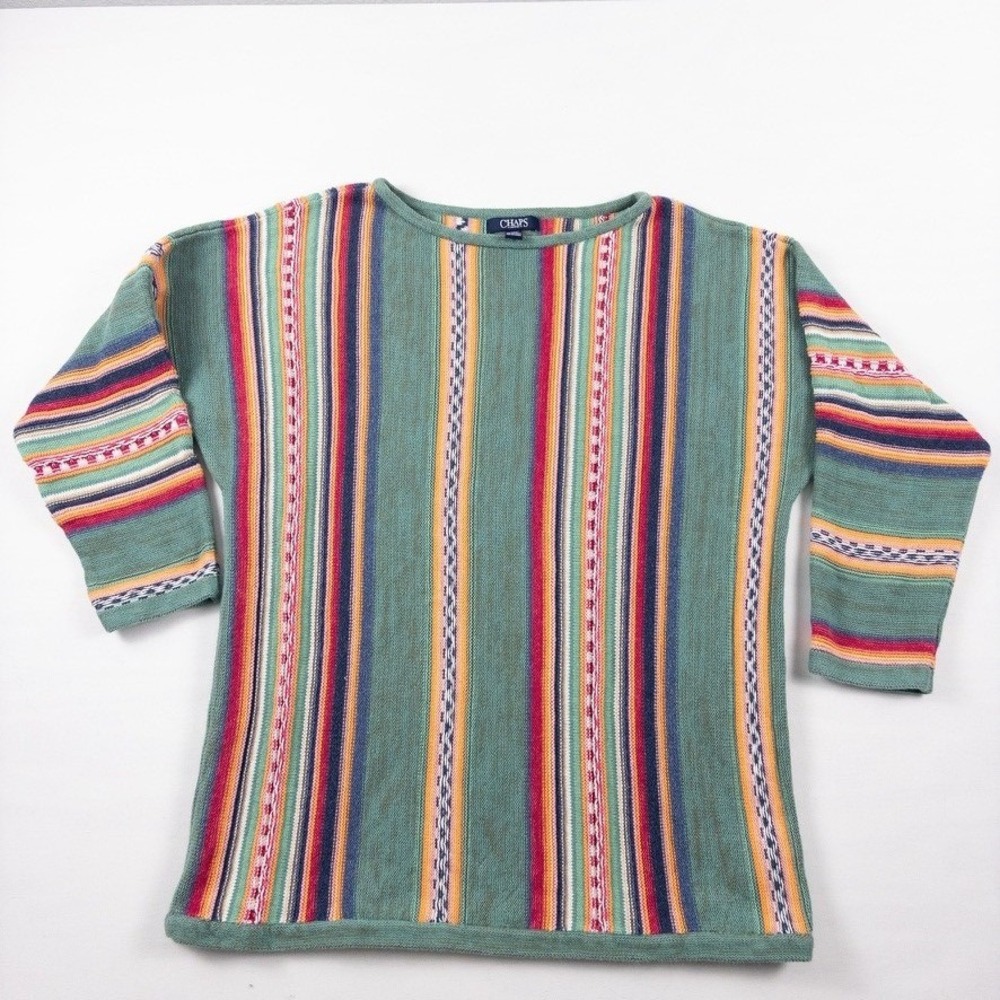 Chaps Ralph Lauren Sweater Womens XL Green Serape Southwestern Cotton Linen Knit